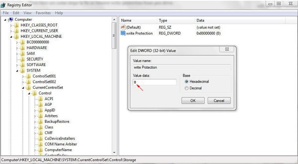 Remove USB write protection by changing its key from Registry.