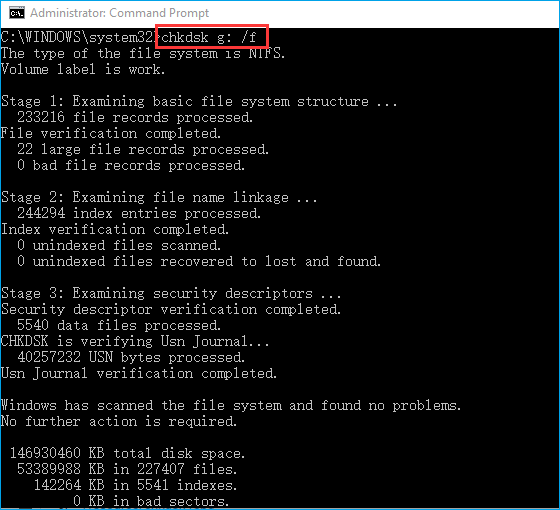 run chkdsk f command