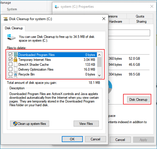 Run Disk Cleanup to free up space in C drive