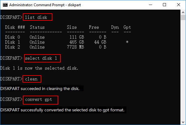 Convert MBR to GPT via CMD