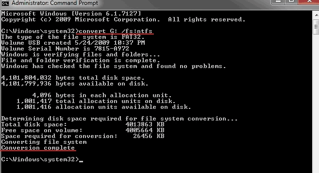 convert fat32 to ntfs in command prompt