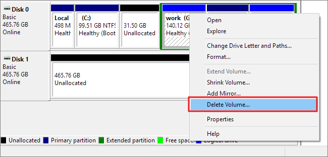 Delete volume to free up space