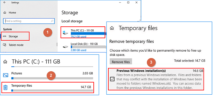 Удаление Windows.old при помощи настроек временных файлов