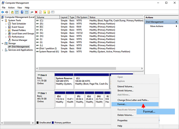 Format a hard drive in Disk Management