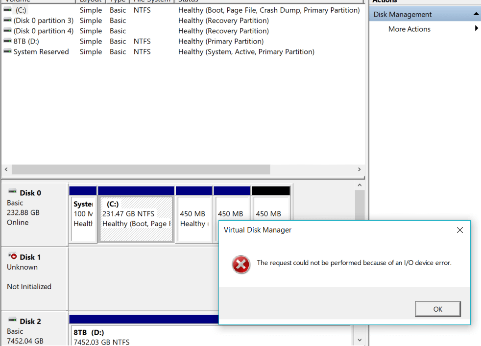 disk unknown not initialized i/o error