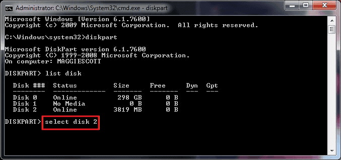 type select disk 1 to format hard drive with command prompt