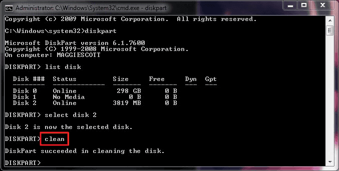 type clean to format hard drive with command prompt