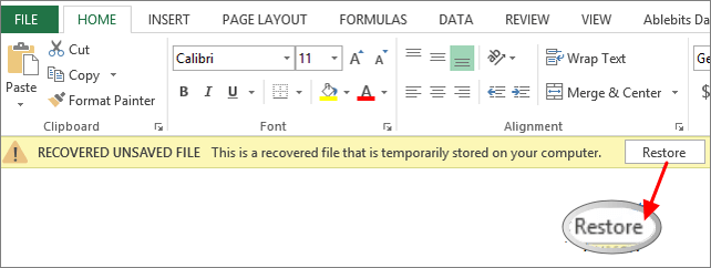 Restore Excel file that cannot be opened