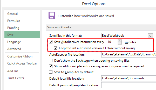 Turn on AutoSave feature in Excel
