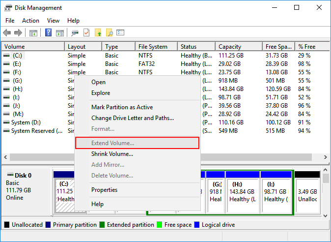 Cannot extend volume partition.