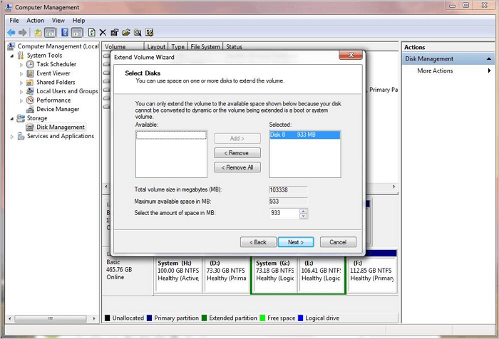 Extend Windows 7 partition with Disk Managenent.