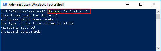 Format USB to FAT32 via PowerShell.
