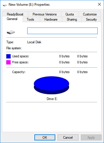 hard drive displays as 0 bytes used.