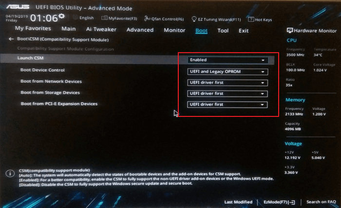 Enable UEFI mode in BIOS