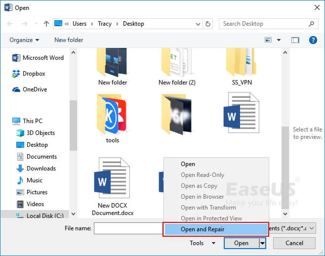 use open and repair to fix word document