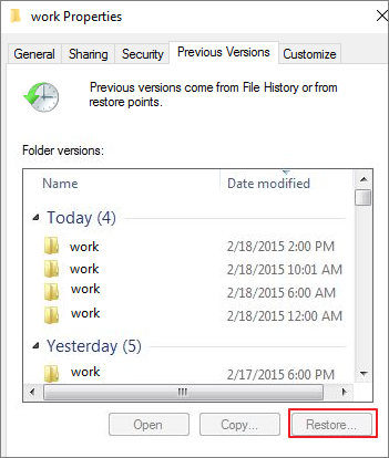 restore previous version of files deleted from network shared folder