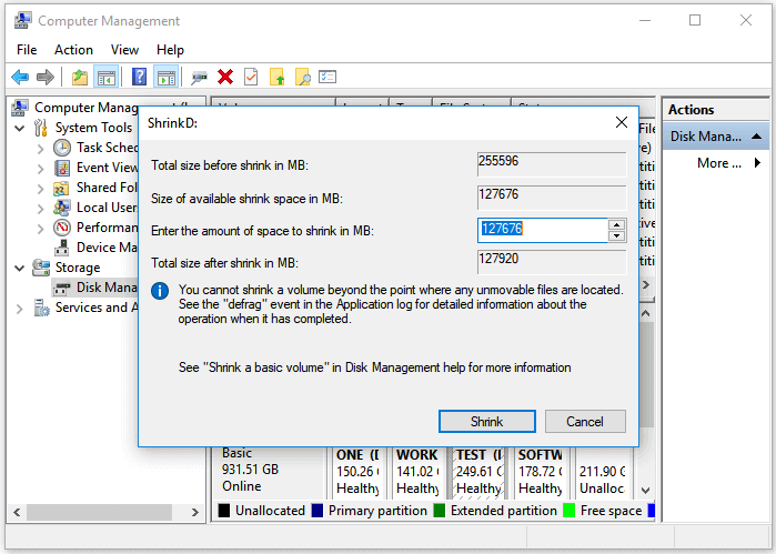 Shrink volume to free up space