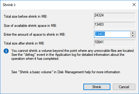 Shrink partition to leave unallocated space.