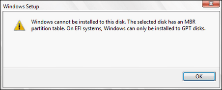 The selected disk has an MBR partition table