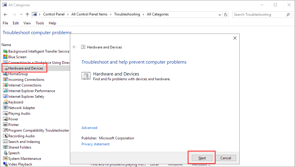 run hardware and devices to fix the device is not ready error