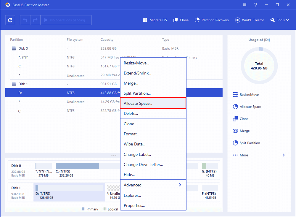 Select to allocate space from D to C