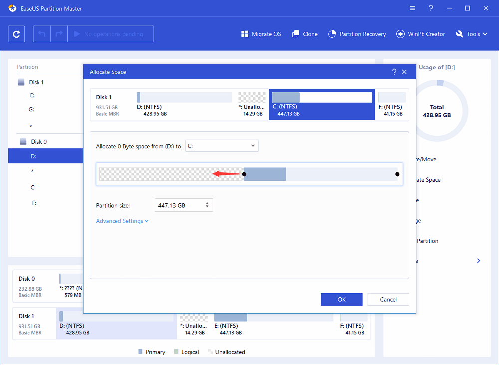 select C drive as target partition, move space from D to C