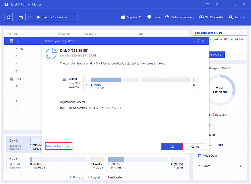 1-click to fix low disk space error