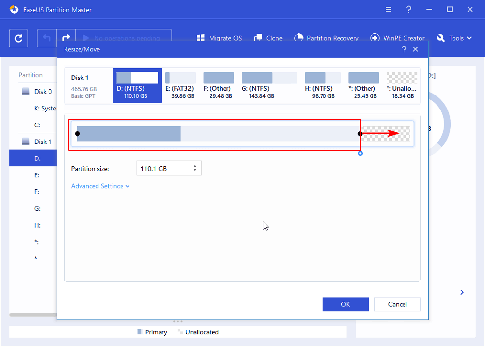 Adjust unallocated space location