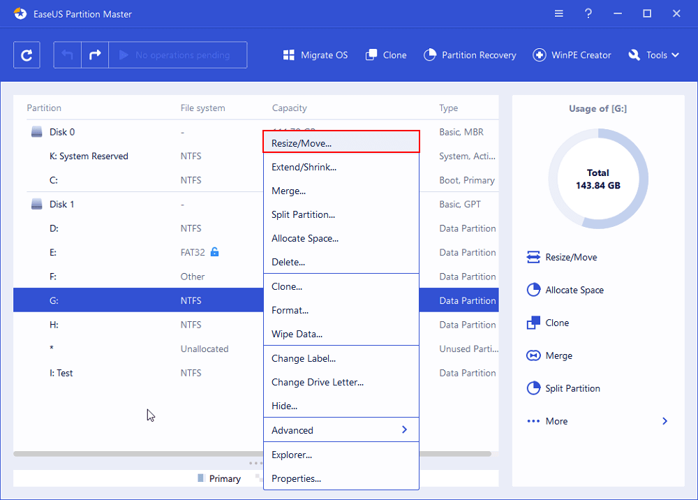 Select to resize or move target partition